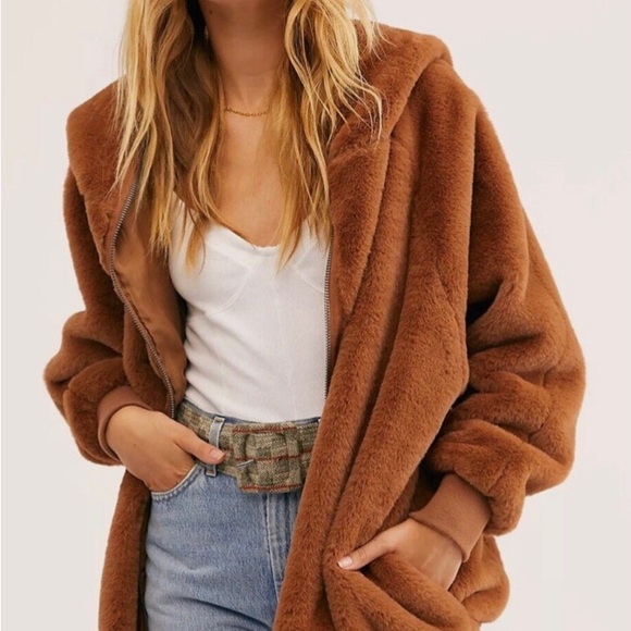 SOLD*SOLD*SOLD*SOLD*NWT*FREE PEOPLE FAUX FUR HOODED JACKET*BROWN*MSRP $198 - Picture 4 of 8